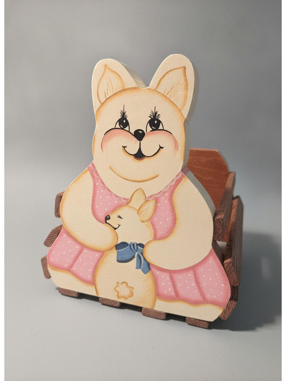 Vintage Hand-painted Mommy and Baby Bunny Easter Decorative Wooden Basket